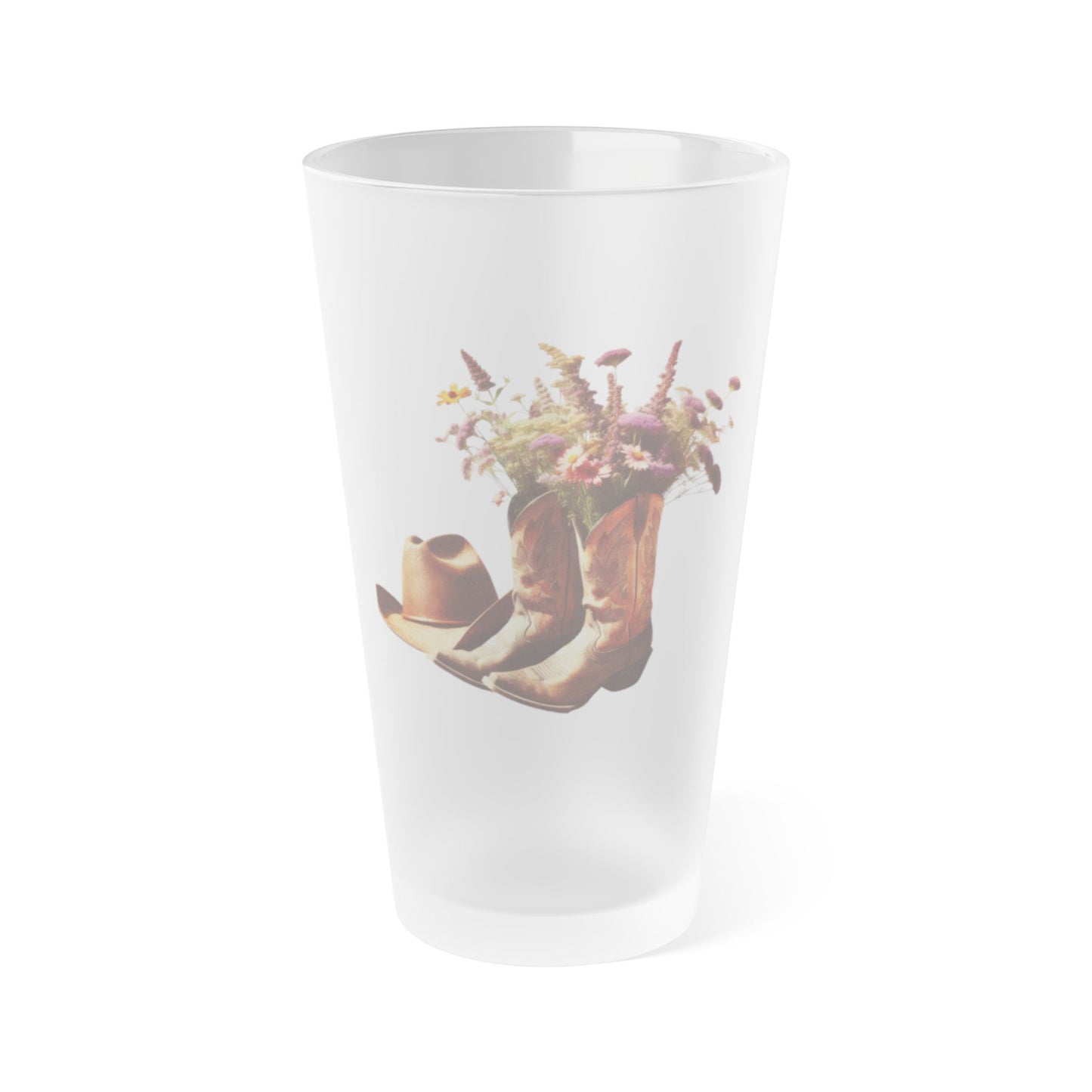 Rustic Frosted Pint Glass with Floral Cowboy Boots Design, Western Decor, Country Home, Farmhouse Style, Perfect for Gifts
