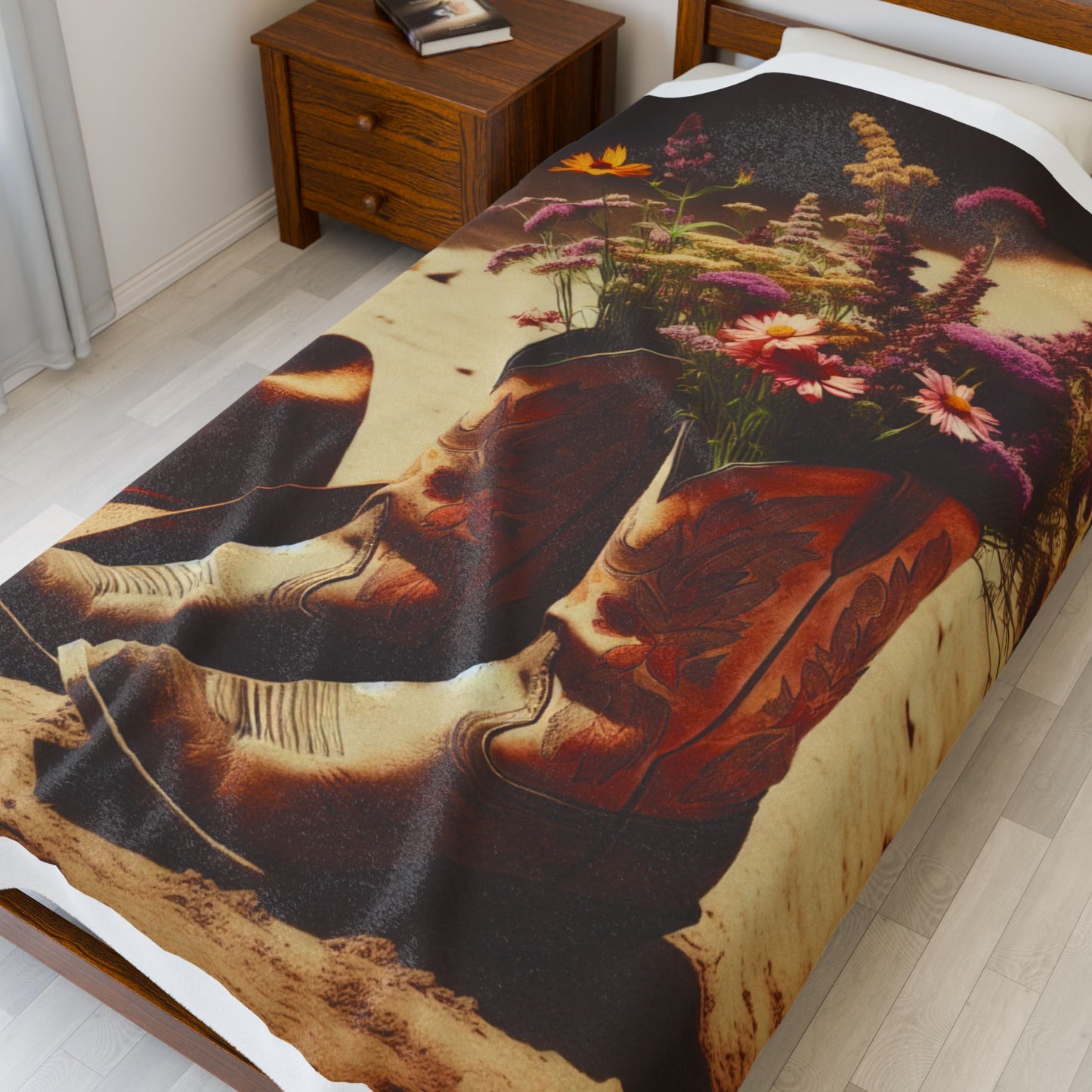 Rustic Floral Cowgirl Blanket - Cozy Velveteen Plush Throw for Home Decor, Gift for Her, Country Style, Western Theme