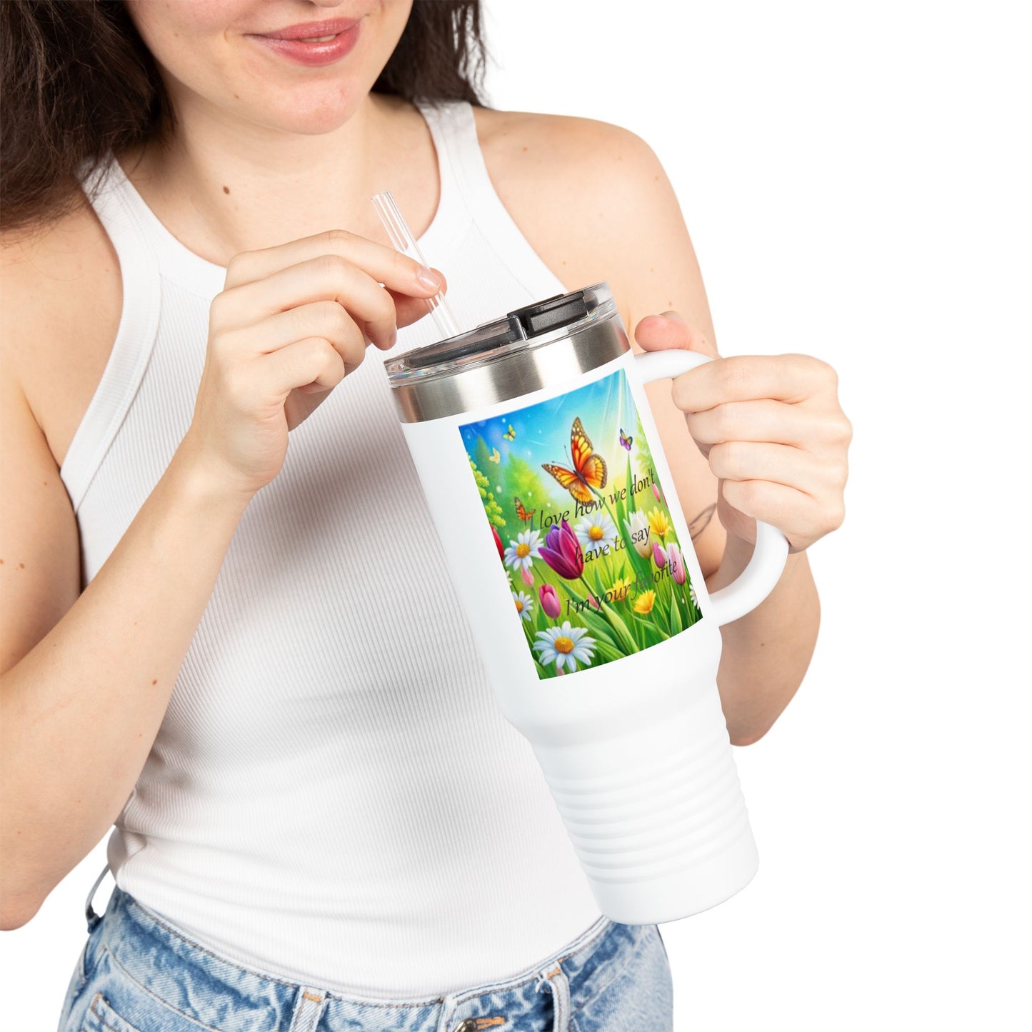 Colorful Floral Insulated Travel Mug - 40oz with Inspirational Butterfly Design