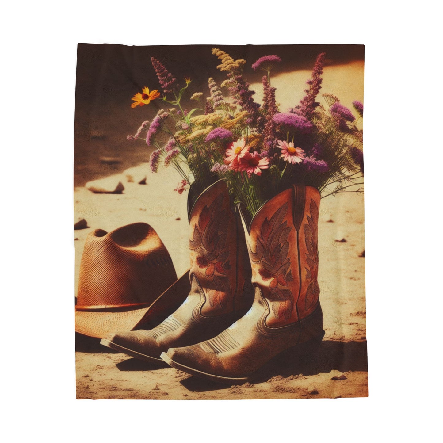 Rustic Floral Cowgirl Blanket - Cozy Velveteen Plush Throw for Home Decor, Gift for Her, Country Style, Western Theme